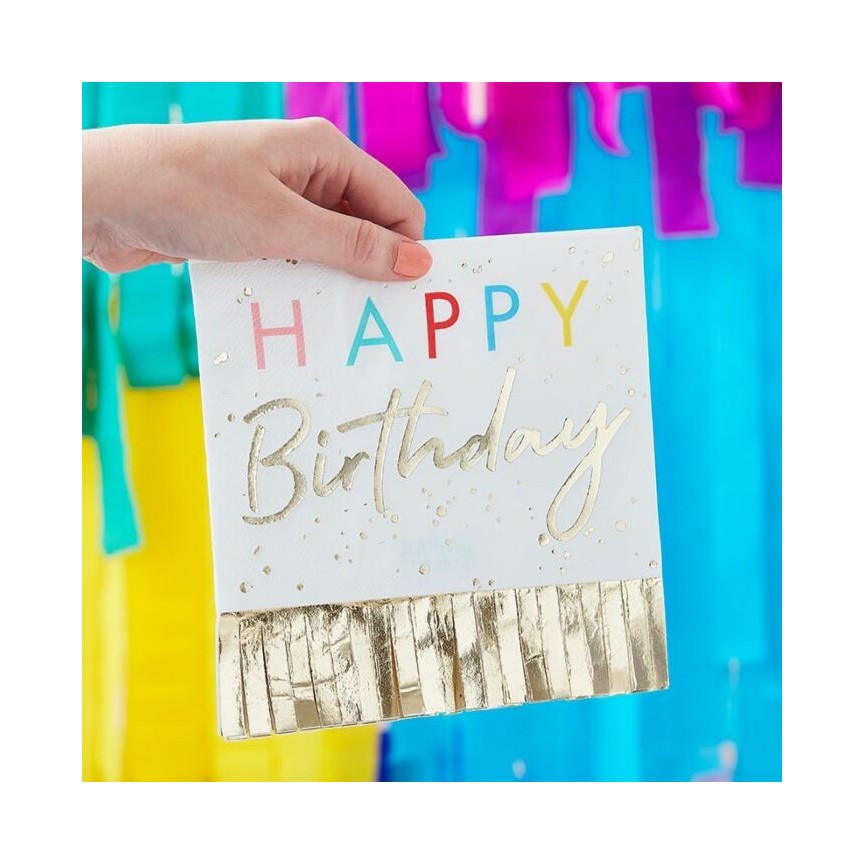 Rainbow Happy Birthday Fringed Gold Napkins
