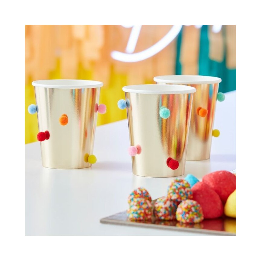 Gold Cups with Rainbow Pom Pom
