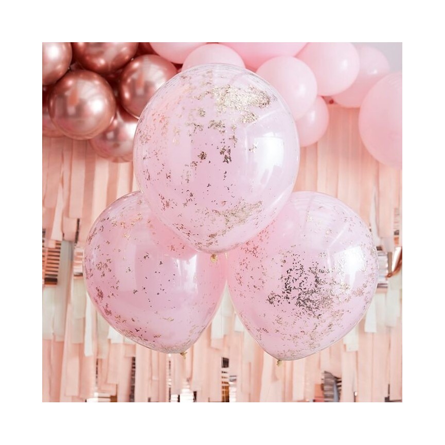 3 Pink with Rose Gold Micro Confetti Balloons