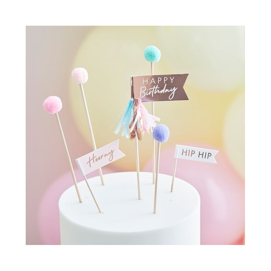 Happy Birthday Pom Pom Cake Toppers