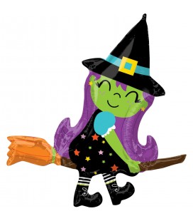 SuperShape Cute Witch on Broom Foil Balloon
