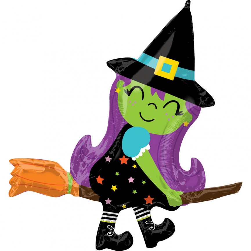 SuperShape Cute Witch on Broom Foil Balloon