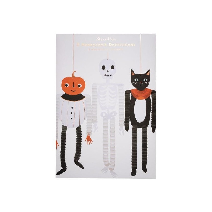 Set of 3 Vintage Halloween Honeycomb Decorations Ensemble de 3 Décorations Halloween Vintage en nid d'abeille