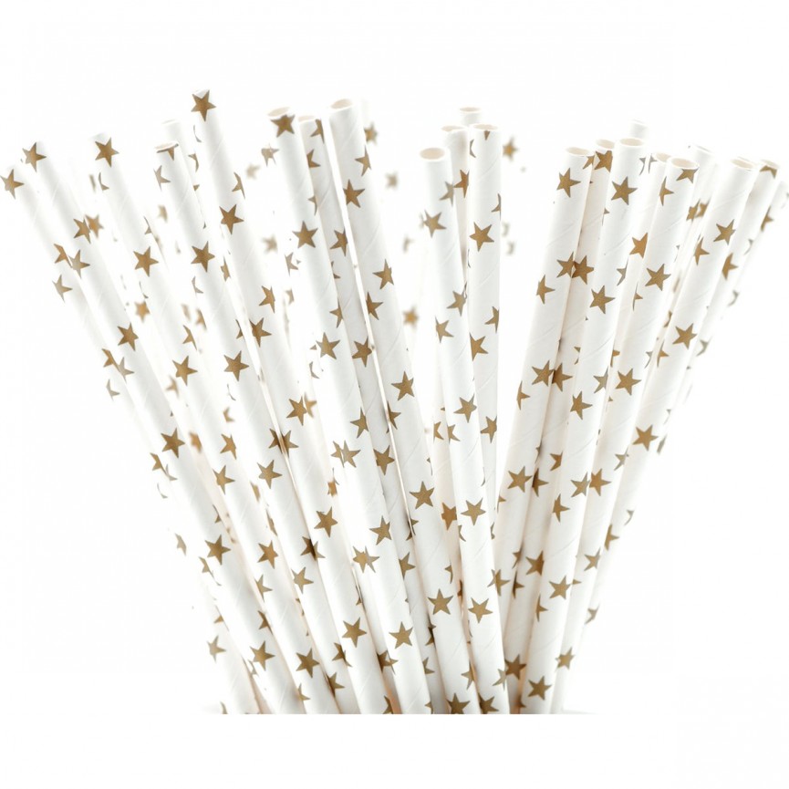 25 Papier-Trinkhalme mit Gold Sternchen