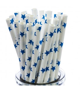 25 Pailles Papier Etoiles Bleu