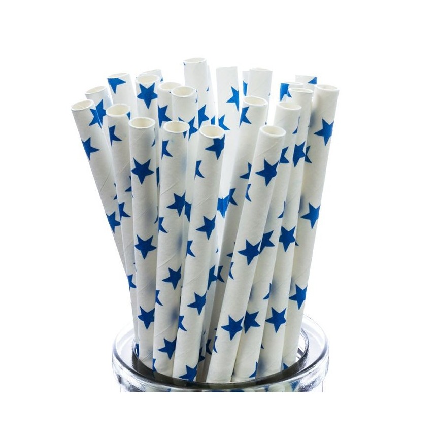 25 Pailles Papier Etoiles Bleu