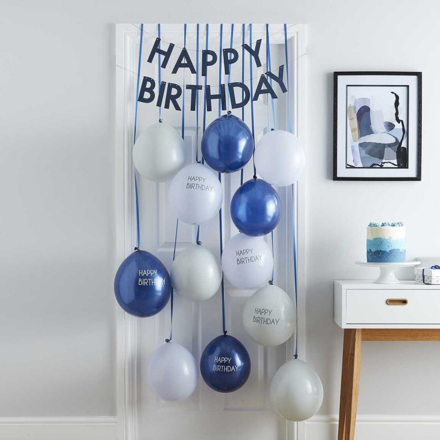 Happy Birthday Luftballon-Türdekoration Marineblau & Hellblau