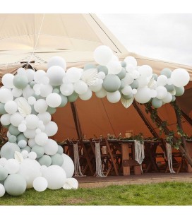 Luxe Sage & White Balloon Arch with White Fans