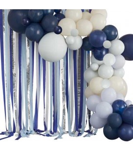 Blue, Cream & Silver Streamer and Balloon Arch Party Backdrop backdrop