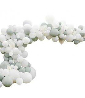 Luxe Sage & White Balloon Arch with White Fans