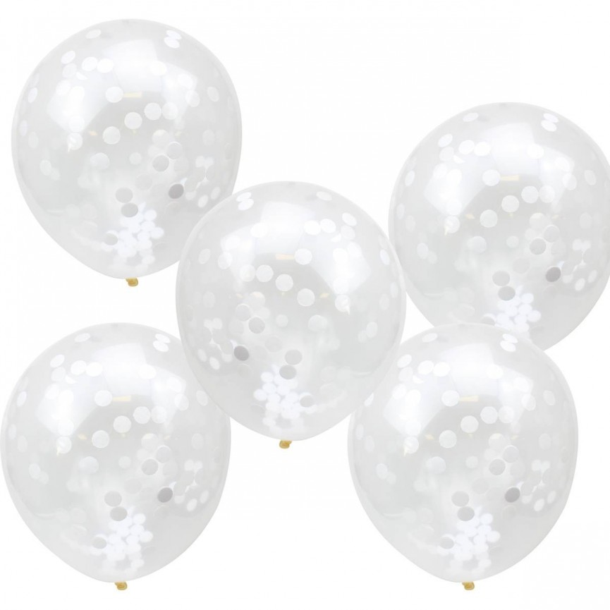 5 Luftballons mit Weiss Konfetti