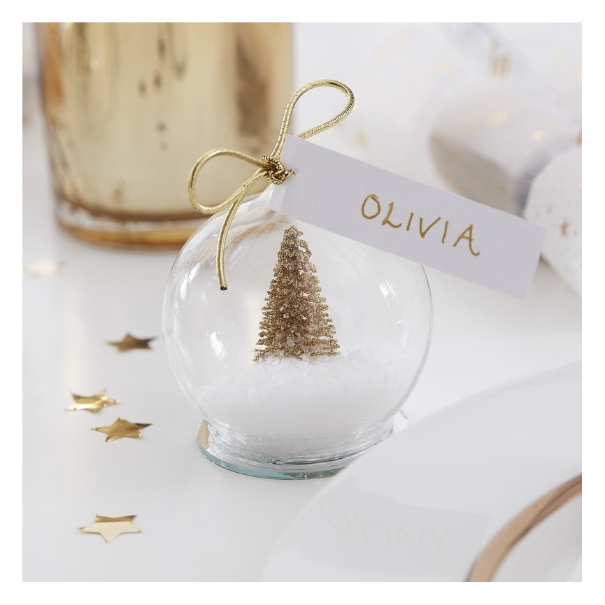 Gold Tree Snow Globe Place Cards