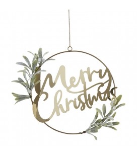 Couronne de porte dorée Merry Christmas avec Feuillage