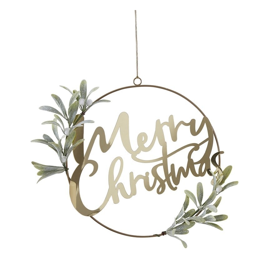 Couronne de porte dorée Merry Christmas avec Feuillage