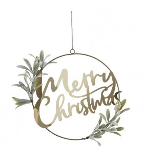 Couronne de porte dorée Merry Christmas avec Feuillage