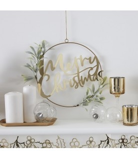 Couronne de porte dorée Merry Christmas avec Feuillage