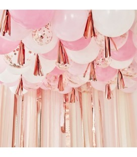 Bush, White and Rose Gold Ceiling Balloons with Tassels