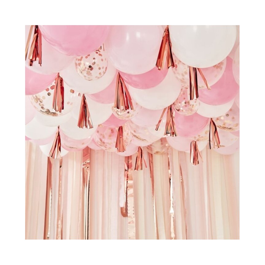 Bush, White and Rose Gold Ceiling Balloons with Tassels