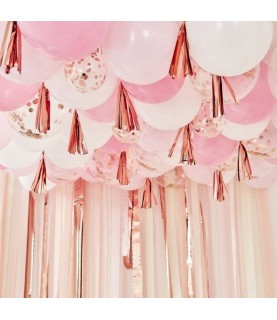 Bush, White and Rose Gold Ceiling Balloons with Tassels