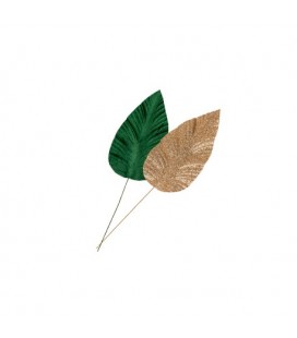 2 Feuilles de Magnolia Vert Velours & Or Pailletté L