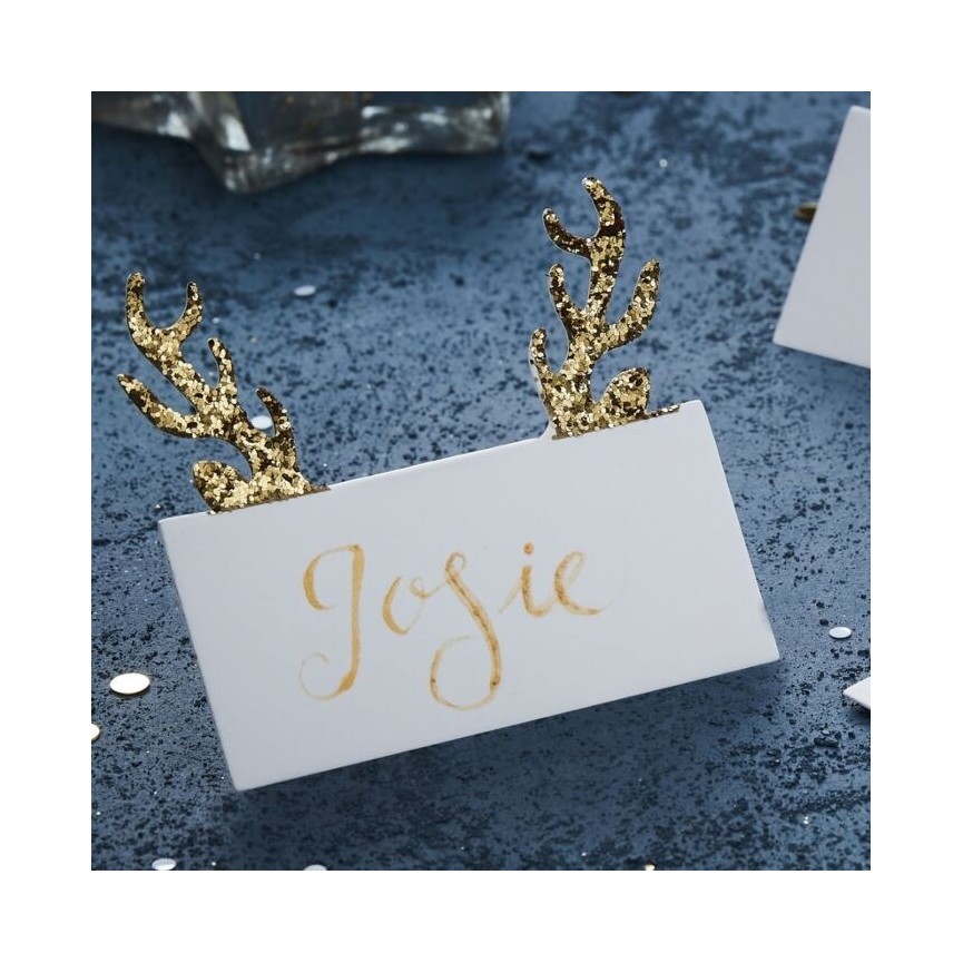 Platzkarten mit goldenem Glitter-Geweih Platzkarten mit goldenem Glitter-Geweih