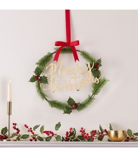 Gold Merry Christmas Door Wreath with Hollies & Berries
