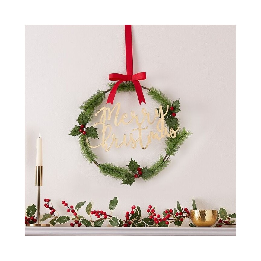 Gold Merry Christmas Door Wreath with Hollies & Berries