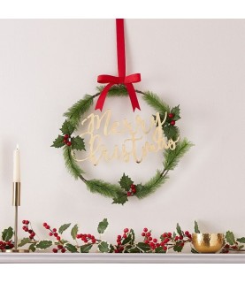Gold Merry Christmas Door Wreath with Hollies & Berries