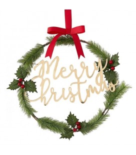 Gold Merry Christmas Door Wreath with Hollies & Berries