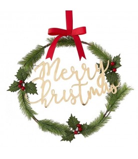Gold Merry Christmas Door Wreath with Hollies & Berries