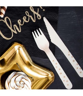 18 Wooden Cutlery Gold Stars