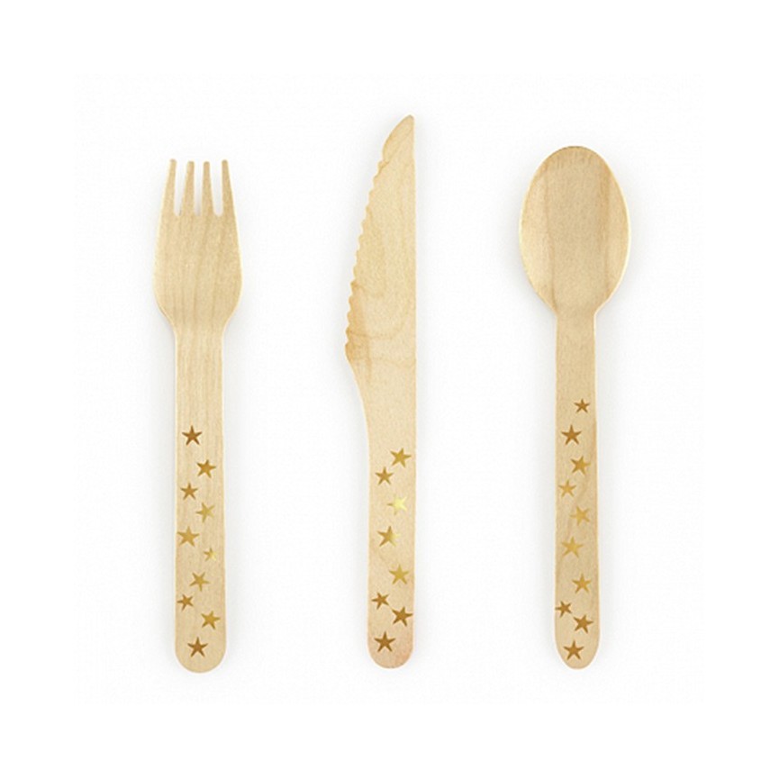 18 Wooden Cutlery Gold Stars