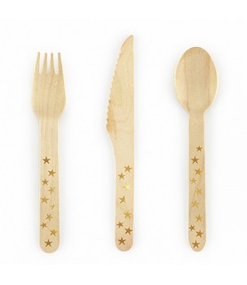 18 Wooden Cutlery Gold Stars