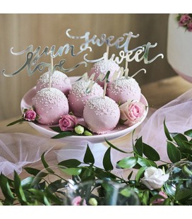 6 Cupcake Toppers Love Yum Sweet Silver