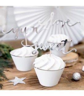 6 Cupcake Toppers Love Yum Sweet Silver