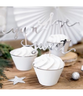 6 Cupcake Toppers Love Yum Sweet - Silber