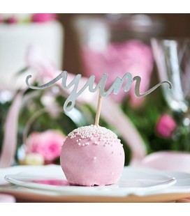 6 Cupcake Toppers Love Yum Sweet Silver