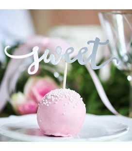 6 Cupcake Toppers Love Yum Sweet Silver