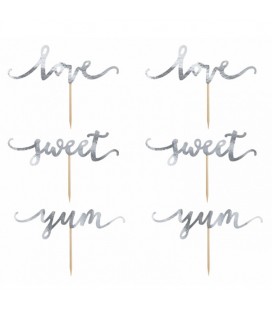 6 Cupcake Toppers Love Yum Sweet Silver