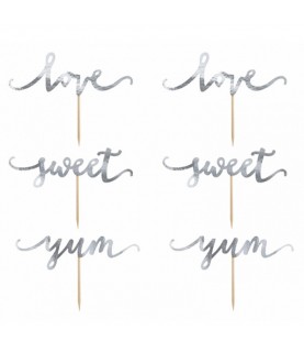 6 Cupcake Toppers Love Yum Sweet Silver