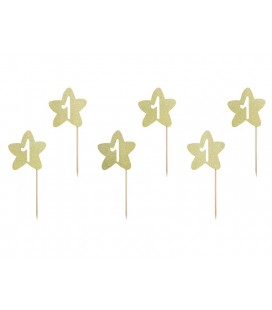 6 Cupcake Toppers Star Gold "One"
