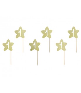 6 Cupcake Toppers Star Gold "One"