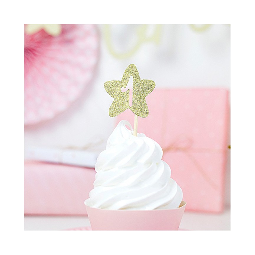 6 Cupcake Toppers Star Gold "One"